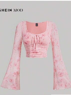 SHEIN MOD pink Tie Dye Knot Front Flounce bell Sleeve Crop Top L NWT